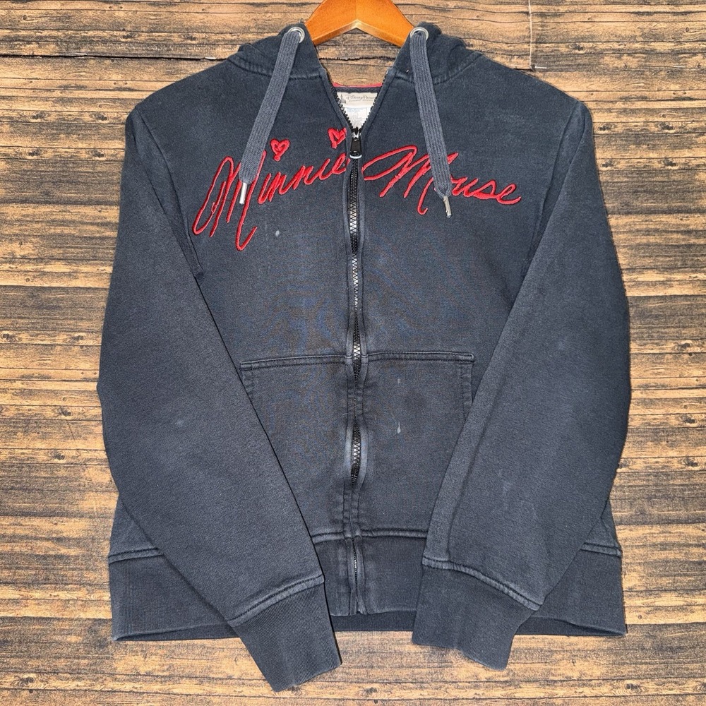 Disney Parks Hoodie Sweatshirt Womens M Black Full Zip Minnie Mouse Ears Bow